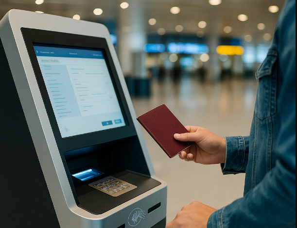 A traveler preparing passport and visa documents for a trip to Cairo, Egypt, with the city's famous landmarks as a travel destination.
