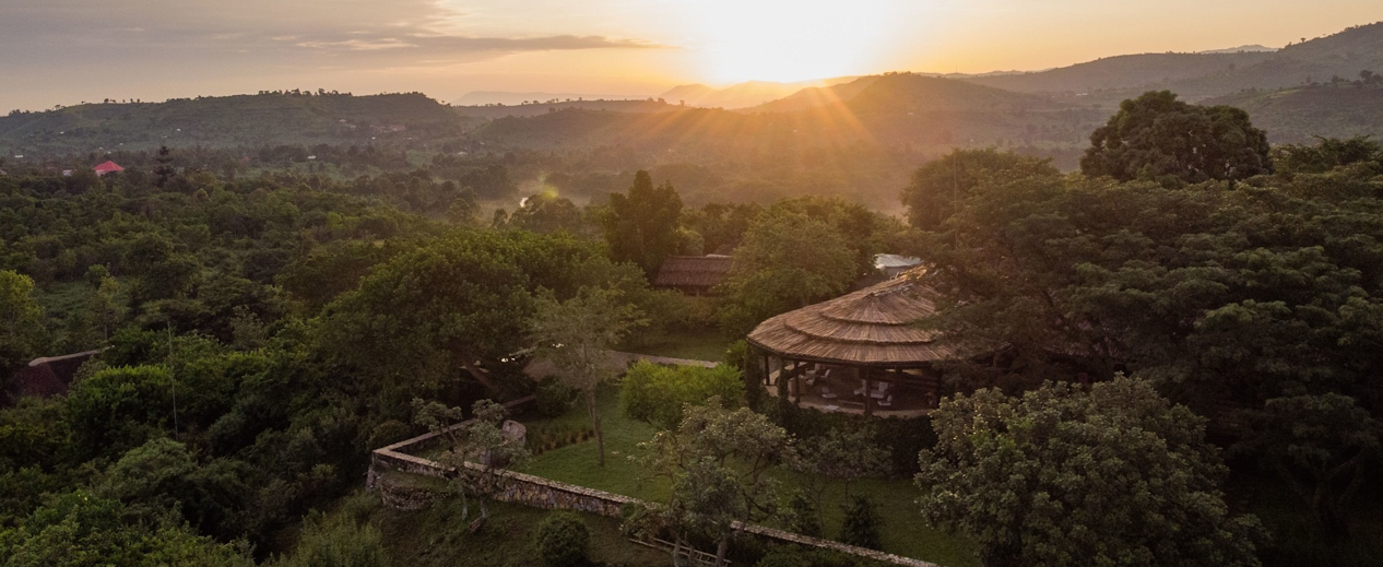 the kyambura safari lodge view at dusk