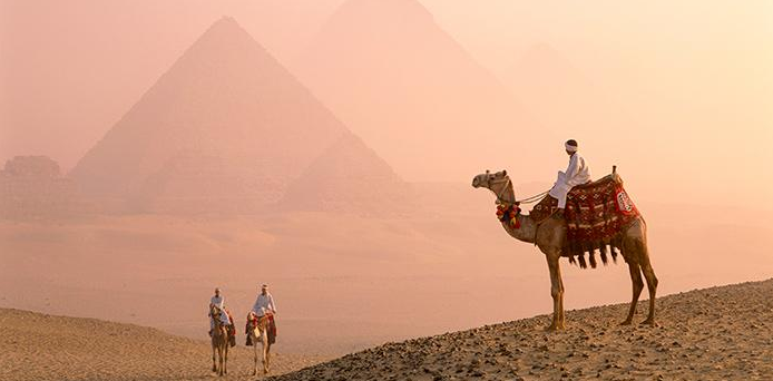 Camel safari near the Pyramids of Giza during sunrise in Egypt