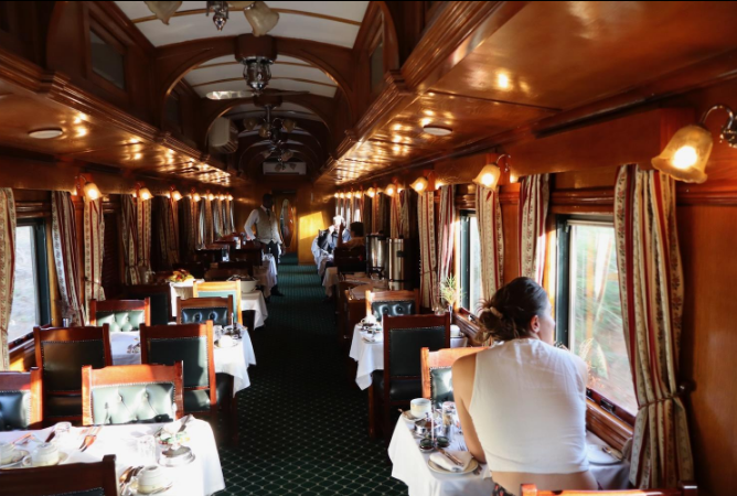 South Africa luxury train observation lounge with panoramic views