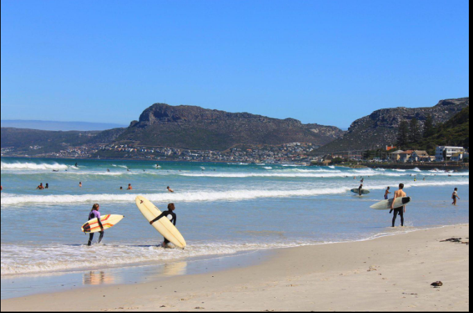 Surfers enjoying the waves along South Africa's beautiful coastline.