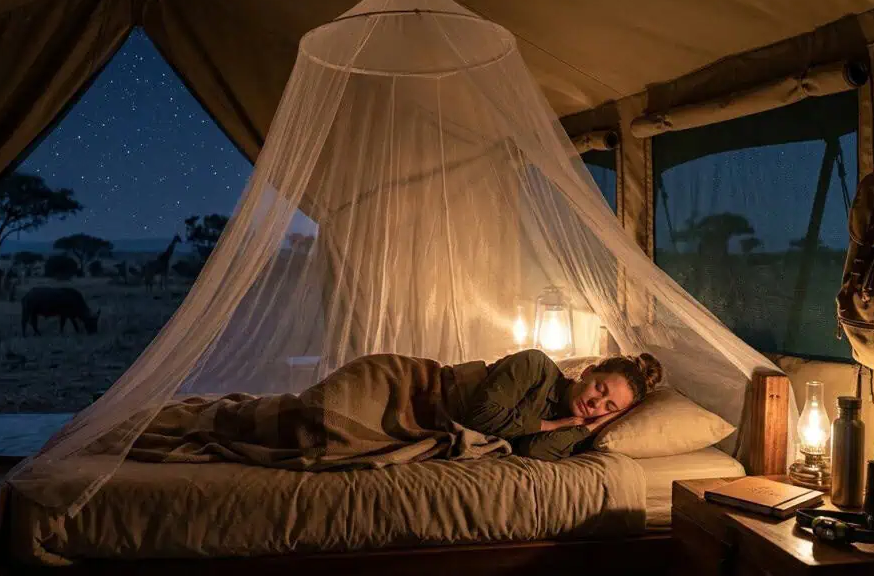 tourist sleeping under a mosquito net