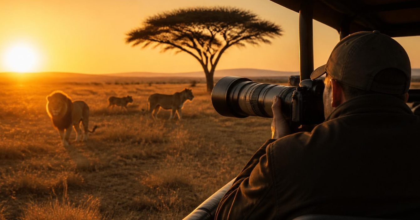 photographer capturing lion at sunset